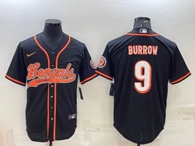 Wholesale Cheap Men\'s Cincinnati Bengals #9 Joe Burrow Black With Patch Cool Base Stitched Baseball Jersey