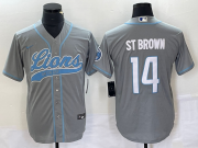 Wholesale Cheap Men's Detroit Lions #14 Amon Ra St Brown Grey With Patch Cool Base Stitched Baseball Jersey