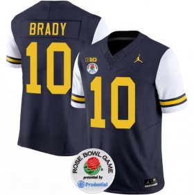 Cheap Men\'s Michigan Wolverines #10 Tom Brady 2023 F.U.S.E. Navy White Rose Bowl Patch Stitched Jersey