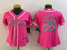 Wholesale Cheap Women\'s Las Vegas Raiders #28 Josh Jacobs Pink With Patch Cool Base Stitched Baseball Jersey