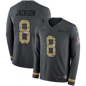 Wholesale Cheap Nike Ravens #8 Lamar Jackson Anthracite Salute to Service Men\'s Stitched NFL Limited Therma Long Sleeve Jersey