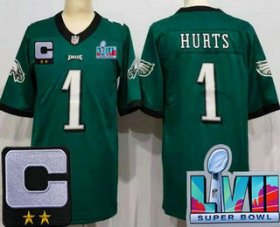 Cheap Men\'s Philadelphia Eagles #1 Jalen Hurts Limited Green C Patch Super Bowl LVII Vapor Jersey