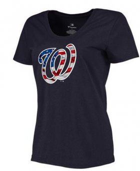 Wholesale Cheap Women\'s Washington Nationals USA Flag Fashion T-Shirt Navy Blue