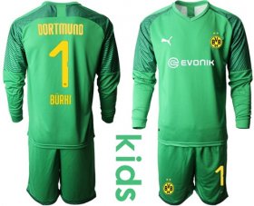 Wholesale Cheap Dortmund #1 Burki Green Goalkeeper Long Sleeves Kid Soccer Club Jersey