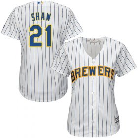 Wholesale Cheap Brewers #21 Travis Shaw White Strip Home Women\'s Stitched MLB Jersey