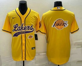 Cheap Men\'s Los Angeles Lakers Yellow Team Big Logo With Patch Cool Base Stitched Baseball Jersey