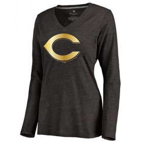 Wholesale Cheap Women\'s Cincinnati Reds Gold Collection Long Sleeve V-Neck Tri-Blend T-Shirt Black