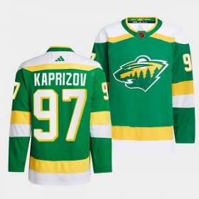 Wholesale Cheap Men\'s Minnesota Wild #97 Kirill Kaprizov Green 2022-23 Reverse Retro Stitched Jersey
