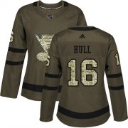 Wholesale Cheap Adidas Blues #16 Brett Hull Green Salute to Service Women's Stitched NHL Jersey
