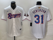 Cheap Men's Texas Rangers #31 Max Scherzer White 2023 World Series Champions Cool Base Jersey