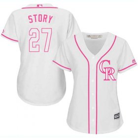Wholesale Cheap Rockies #27 Trevor Story White/Pink Fashion Women\'s Stitched MLB Jersey