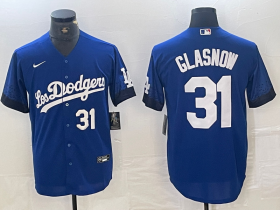 Cheap Men\'s Los Angeles Dodgers #31 Tyler Glasnow Number Blue 2021 City Connect Cool Base Stitched Jerseys