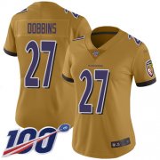 Wholesale Cheap Nike Ravens #27 J.K. Dobbins Gold Women's Stitched NFL Limited Inverted Legend 100th Season Jersey