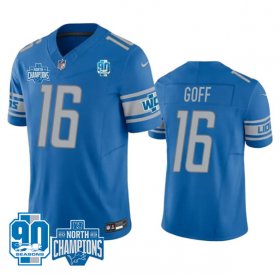 Cheap Men\'s Detroit Lions #16 Jared Goff Blue 2023 90th Anniversary North Division Champions Patch Limited Stitched Jersey