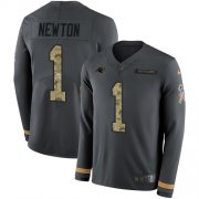 Wholesale Cheap Nike Panthers #1 Cam Newton Anthracite Salute to Service Men's Stitched NFL Limited Therma Long Sleeve Jersey