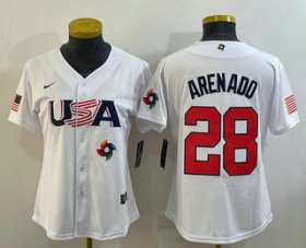 Cheap Women\'s USA Baseball #28 Nolan Arenado 2023 White World Classic Replica Stitched Jersey