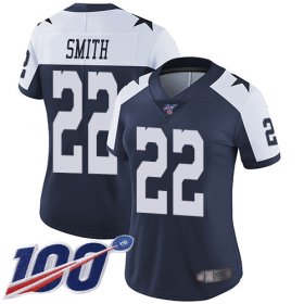 Wholesale Cheap Nike Cowboys #22 Emmitt Smith Navy Blue Thanksgiving Women\'s Stitched NFL 100th Season Vapor Throwback Limited Jersey
