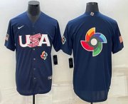 Cheap Men's USA Baseball Blank 2023 Navy World Baseball Big Logo Classic Stitched Jersey