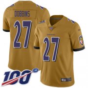 Wholesale Cheap Nike Ravens #27 J.K. Dobbins Gold Youth Stitched NFL Limited Inverted Legend 100th Season Jersey