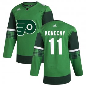 Wholesale Cheap Philadelphia Flyers #11 Travis Konecny Men\'s Adidas 2020 St. Patrick\'s Day Stitched NHL Jersey Green