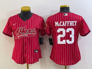 Wholesale Cheap Women's San Francisco 49ers #23 Christian McCaffrey Red Pinstripe With Patch Cool Base Stitched Baseball Jersey