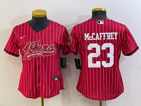 Wholesale Cheap Women\'s San Francisco 49ers #23 Christian McCaffrey Red Pinstripe With Patch Cool Base Stitched Baseball Jersey