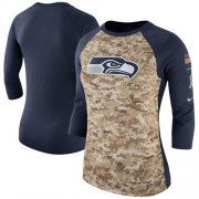 Wholesale Cheap Women's Seattle Seahawks Nike Camo Navy Salute to Service Legend Three-Quarter Raglan Sleeve T-Shirt