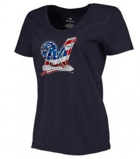Wholesale Cheap Women\'s Milwaukee Brewers USA Flag Fashion T-Shirt Navy Blue