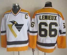 Wholesale Cheap Penguins #66 Mario Lemieux White/Yellow CCM Throwback Stitched NHL Jersey