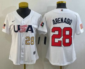 Cheap Women\'s USA Baseball #28 Nolan Arenado Number 2023 White World Classic Replica Stitched Jersey