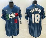 Cheap Men's Los Angeles Dodgers #18 Yoshinobu Yamamoto Number Navy Blue Pinstripe Mexico 2020 World Series Cool Base Nike Jersey1