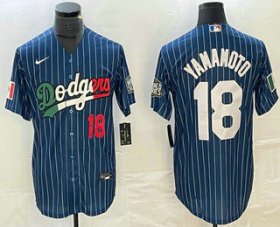Cheap Men\'s Los Angeles Dodgers #18 Yoshinobu Yamamoto Number Navy Blue Pinstripe Mexico 2020 World Series Cool Base Nike Jersey1