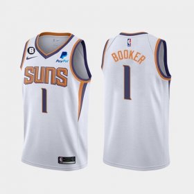 Cheap Men\'s Phoenix Suns #1 Devin Booker White Association Edition With NO.6 Patch Stitched Basketball Jersey