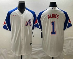 Cheap Men\'s Atlanta Braves #1 Ozzie Albies White 2023 City Connect Cool Base Stitched Jersey