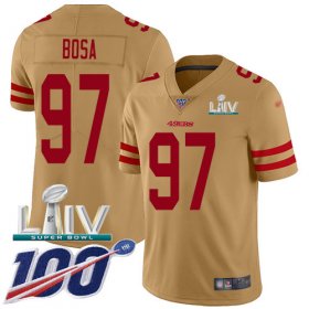 Wholesale Cheap Nike 49ers #97 Nick Bosa Gold Super Bowl LIV 2020 Men\'s Stitched NFL Limited Inverted Legend 100th Season Jersey