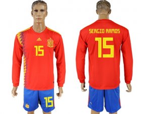 Wholesale Cheap Spain #15 Sergio Ramos Red Home Long Sleeves Soccer Country Jersey