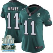 Wholesale Cheap Nike Eagles #11 Carson Wentz Midnight Green Team Color Super Bowl LII Champions Women's Stitched NFL Vapor Untouchable Limited Jersey