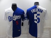 Wholesale Cheap Mens Los Angeles Dodgers #5 Freddie Freeman White Blue Split Cool Base Stitched Baseball Jersey