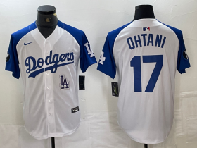 Cheap Men\'s Los Angeles Dodgers #17 Shohei Ohtani White Blue Fashion Stitched Cool Base Limited Jersey
