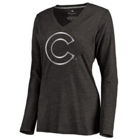 Wholesale Cheap Women\'s Chicago Cubs Platinum Collection Long Sleeve V-Neck Tri-Blend T-Shirt Black