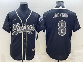 Wholesale Cheap Men\'s Baltimore Ravens #8 Lamar Jackson Black Reflective With Patch Cool Base Stitched Baseball Jersey
