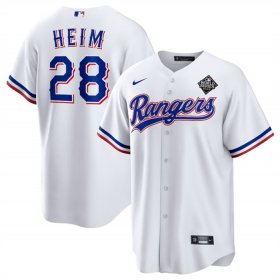 Men\'s Texas Rangers #28 Jonah Heim 2023 White World Series Stitched Baseball Jersey
