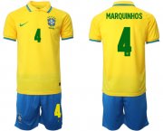 Cheap Men's Brazil #4 Marquinhos Yellow Home Soccer Jersey Suit