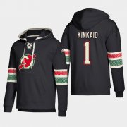 Wholesale Cheap New Jersey Devils #1 Keith Kinkaid Black adidas Lace-Up Pullover Hoodie