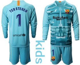 Wholesale Cheap Barcelona #1 Ter Stegen Light Blue Goalkeeper Long Sleeves Kid Soccer Club Jersey