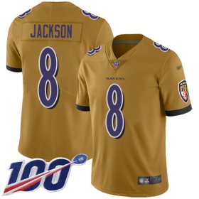 Wholesale Cheap Nike Ravens #8 Lamar Jackson Gold Men\'s Stitched NFL Limited Inverted Legend 100th Season Jersey