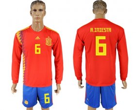 Wholesale Cheap Spain #6 A.Iniesta Red Home Long Sleeves Soccer Country Jersey