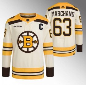 Cheap Men\'s Boston Bruins #63 Brad Marchand Cream With Rapid7 Patch 100th Anniversary Stitched Jersey