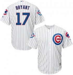 Wholesale Cheap Cubs #17 Kris Bryant White Strip New Cool Base with 100 Years at Wrigley Field Commemorative Patch Stitched MLB Jersey