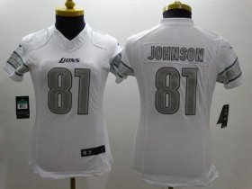 Wholesale Cheap Nike Lions #81 Calvin Johnson White Women\'s Stitched NFL Limited Platinum Jersey